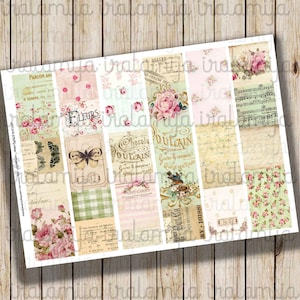 Puede incluir: Un conjunto de 10 dise&ntilde;os de papel de scrapbooking imprimibles de estilo vintage con patrones florales, texto y notas musicales. Los papeles son en tonos de rosa, verde y blanco.
