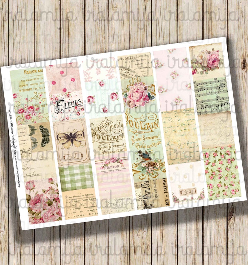Puede incluir: Un conjunto de 10 dise&ntilde;os de papel de scrapbooking imprimibles de estilo vintage con patrones florales, texto y notas musicales. Los papeles son en tonos de rosa, verde y blanco.