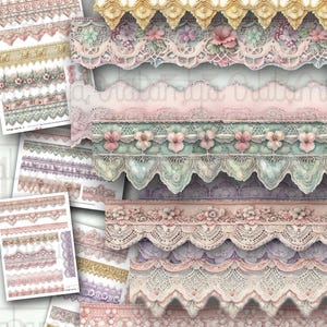 Puede incluir: Una colección de diseños de encaje vintage en varios colores, incluyendo rosa, verde, morado y dorado. El encaje presenta patrones florales y ornamentados, adecuados para proyectos de artesanía y diseño. La imagen muestra diferentes estilos y texturas de encaje.