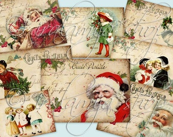 May include: A collection of vintage Christmas cards featuring Santa Claus, children, and holiday greetings. The cards are decorated with holly, berries, and handwritten messages. The cards are perfect for scrapbooking, card making, or adding a touch of vintage charm to your holiday decor.