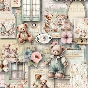 May include: A collage featuring several teddy bears, flowers, and vintage ephemera. The bears are in various poses and outfits, with soft colors and a nostalgic feel. Elements include a house, doors, and text fragments.