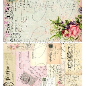 May include: A digital collage sheet featuring vintage postcard designs with floral accents, handwritten text, and stamps. The sheet includes the text "BIG POSTCARD BACKGROUNDS collage Ciralamijashop".