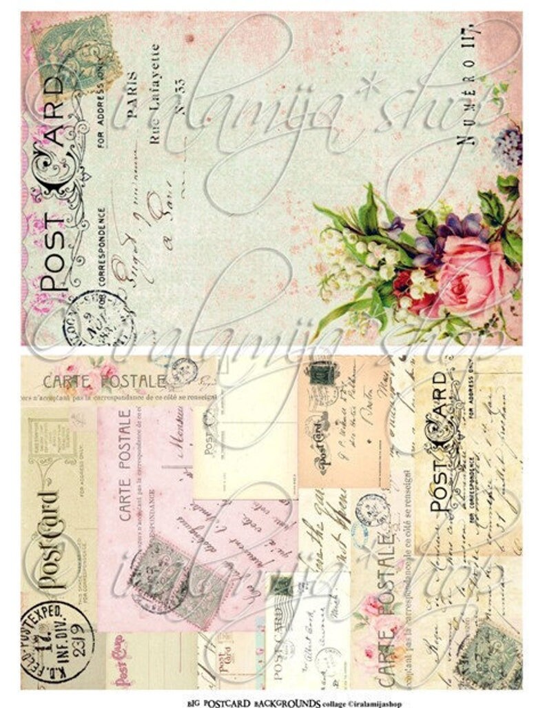 May include: A digital collage sheet featuring vintage postcard designs with floral accents, handwritten text, and stamps. The sheet includes the text "BIG POSTCARD BACKGROUNDS collage Ciralamijashop".