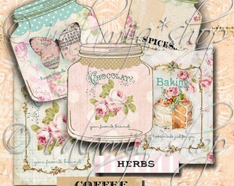 May include: Six vintage mason jar labels with floral designs and text. The labels are for coffee, chocolate, herbs, spices, baking, and homemade goods. The labels are printed on a white background with pink and green accents.
