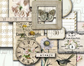 May include: A digital collage sheet featuring vintage-style ephemera including a butterfly in a frame, a clock face with roses, a bird, floral illustrations, and text labels like Acme Soap, Vogue Beauties, and Eau de Cologne, with a 3-inch ruler.