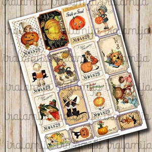 May include: A collection of vintage Halloween tags with illustrations of pumpkins, children in costumes, and black cats. Text includes "Trick or Treat," "Best Halloween Wishes," and "A Jolly Halloween." Each tag has the number "№ 84829."