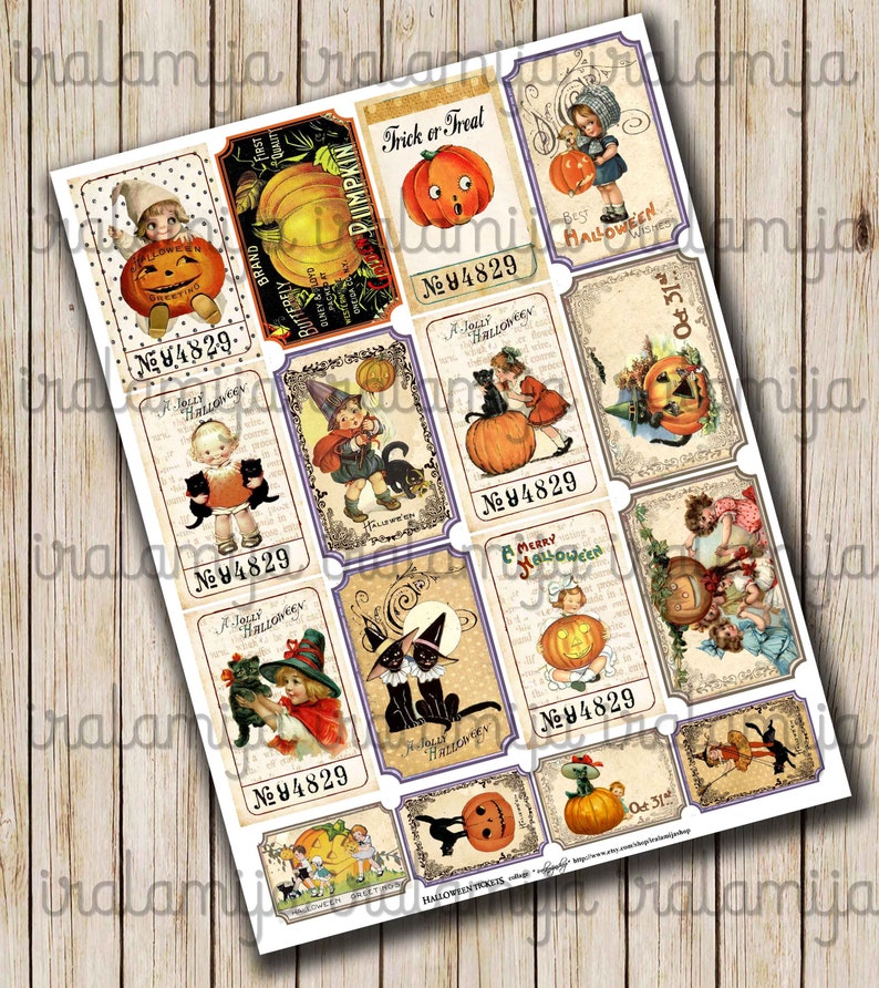 May include: A collection of vintage Halloween tags with illustrations of pumpkins, children in costumes, and black cats. Text includes "Trick or Treat," "Best Halloween Wishes," and "A Jolly Halloween." Each tag has the number "№ 84829."