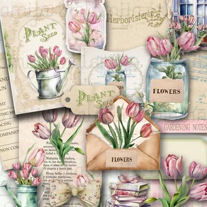 TULIPS Junk Journal, Digital Paper, Journal, Floral, Shabby, Digital Kit, Tags, Plant, Summer Floral, Flower Digital Paper, Iralamijashop