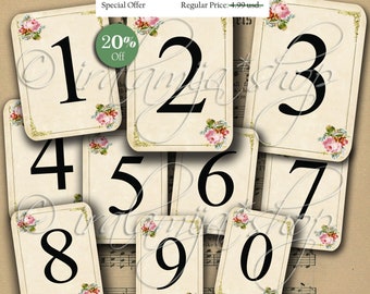 NUMBER CARdS Junk Journal, Flip Book, Planner, Tags, Ephemera, Roses, Floral, Vintage, Decoupage, Mixed Media, Printable, Iralamijashop, Tag