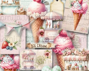 ICE CREAM Junk Journal Kit Printable Vintage Ice Cream Ephemera Summer Junk Journal Pages Fussy Cut Digital Download Roses Shabby Paper Tags