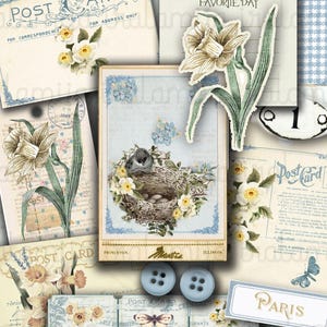 SWEET SPRING Junk Journal, Digitale Papiere, Journal Seiten, Narzisse, Floral, Shabby, Blau, Digital Kit, Tags, Tickets, Papier, Iralamijashop