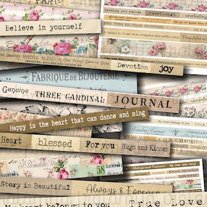 May include: A collection of aged paper strips featuring printed text and floral patterns. The strips display phrases such as "Believe in yourself" and "True Love." The color scheme includes beige, pink, and blue, evoking a vintage aesthetic.