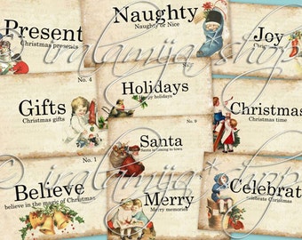 May include: Ten vintage Christmas themed printable gift tags with various holiday greetings. The tags feature illustrations of children, Santa Claus, and other holiday imagery. The tags are numbered 1 through 10.