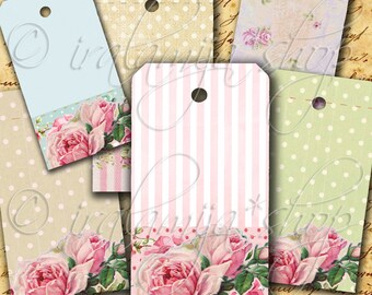Könnte beinhalten: Satz von sechs druckbaren Geschenkanhängern mit einem Vintage-Blumendesign mit rosa Rosen, grünen Blättern und verschiedenen gemusterten Hintergründen. Die Anhänger haben oben ein Loch für eine Schnur oder ein Band.