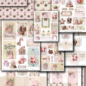May include: A digital collage sheet with a Christmas theme featuring images of gingerbread houses, candy canes, hot chocolate, and other festive elements. The sheet includes various sizes and shapes of images, perfect for scrapbooking, card making, and other craft projects.