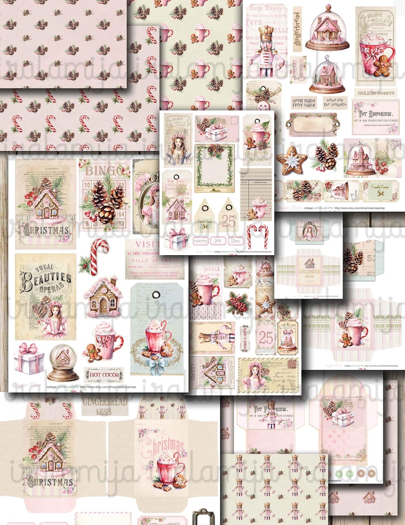 May include: A digital collage sheet with a Christmas theme featuring images of gingerbread houses, candy canes, hot chocolate, and other festive elements. The sheet includes various sizes and shapes of images, perfect for scrapbooking, card making, and other craft projects.