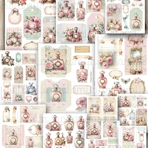 May include: A collage of vintage perfume-themed ephemera, featuring various designs of perfume bottles, tags, and decorative elements. The color palette includes soft pinks, browns, and blues, with floral accents. The text "Vintage Perfume" is visible on some pieces.