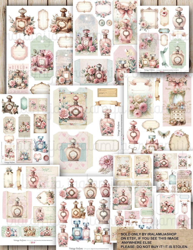 May include: A collage of vintage perfume-themed ephemera, featuring various designs of perfume bottles, tags, and decorative elements. The color palette includes soft pinks, browns, and blues, with floral accents. The text "Vintage Perfume" is visible on some pieces.