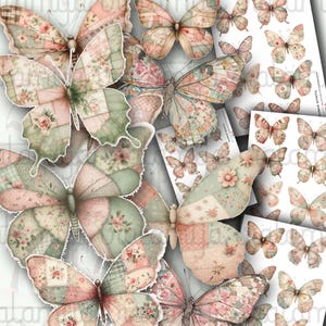 Op de afbeelding: Een verzameling vlinder afbeeldingen met een vintage esthetiek. De vlinders hebben patchwork ontwerpen in zachte pastelkleuren zoals roze, groen en crème, met bloempatronen. Sommige zijn individueel, andere zijn gerangschikt op papieren vellen.