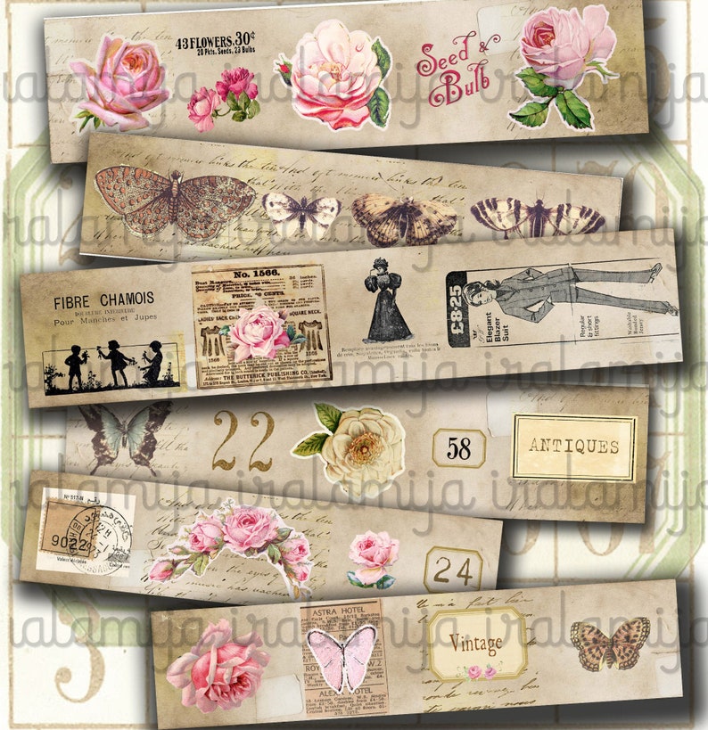 May include: A collage of vintage images featuring flowers, butterflies, and text. The images are arranged in a vertical strip with a brown background. The text includes "Seed & Bulb", "Fibre Chamois", "No. 1566", "&pound;8-25 Elegant Blazer Suit", "22", "58 Antiques", "9022", "24", "Vintage", and "Astra Hotel".