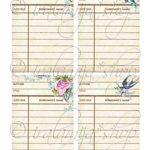 May include: Four vintage library card templates with floral and bird designs. Each card has fields for author, title, date due, and borrower's name.