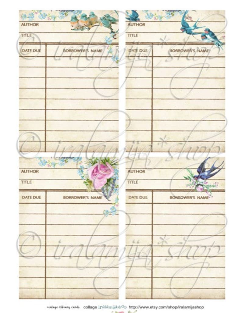 May include: Four vintage library card templates with floral and bird designs. Each card has fields for author, title, date due, and borrower's name.