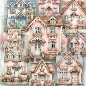 May include: A collage of watercolor illustrations featuring charming, pastel-colored cottages. Each house has unique architectural details, including flower boxes, shutters, and decorative trim. The color palette includes soft pinks, blues, and greens, creating a whimsical and inviting aesthetic.