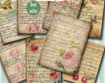 MUSIC NOTES, Music Sheet, Junk Journal, Music, Scrapbook, Music Notes, Ephemera, Flip Book, Cards, Vintage Paper, Floral, Roses, Decoupage