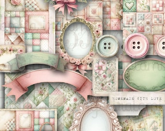 QUILT PATCHWORK Journal Kit Shabby Floral Quilt Romantic Fabric Papers for Ephemera Vintage Shabby Patchwork Digital Download Iralamijashop