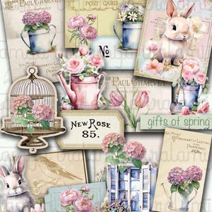 SPRING SEASON Junk Journal, Digitale Papiere, Journal Seiten, Ostern, Floral, Shabby, Kaninchen, Osterhase, Digital Kit, Tags, Tickets, Papier