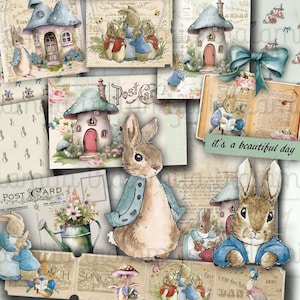 PETER RABBIT nr 2 Junk Journal, papier cyfrowy, koperta, wycinanki, kwiatowy, zniszczony, królik, wielkanoc, króliczek, zestaw cyfrowy, tagi, Beatrix Potter