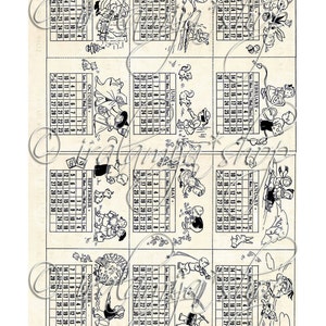 May include: A vintage calendar collage featuring black and white illustrations of children and animals. Each month is represented with a different scene, such as a child skating, a child with a turkey, and a child with a bunny.