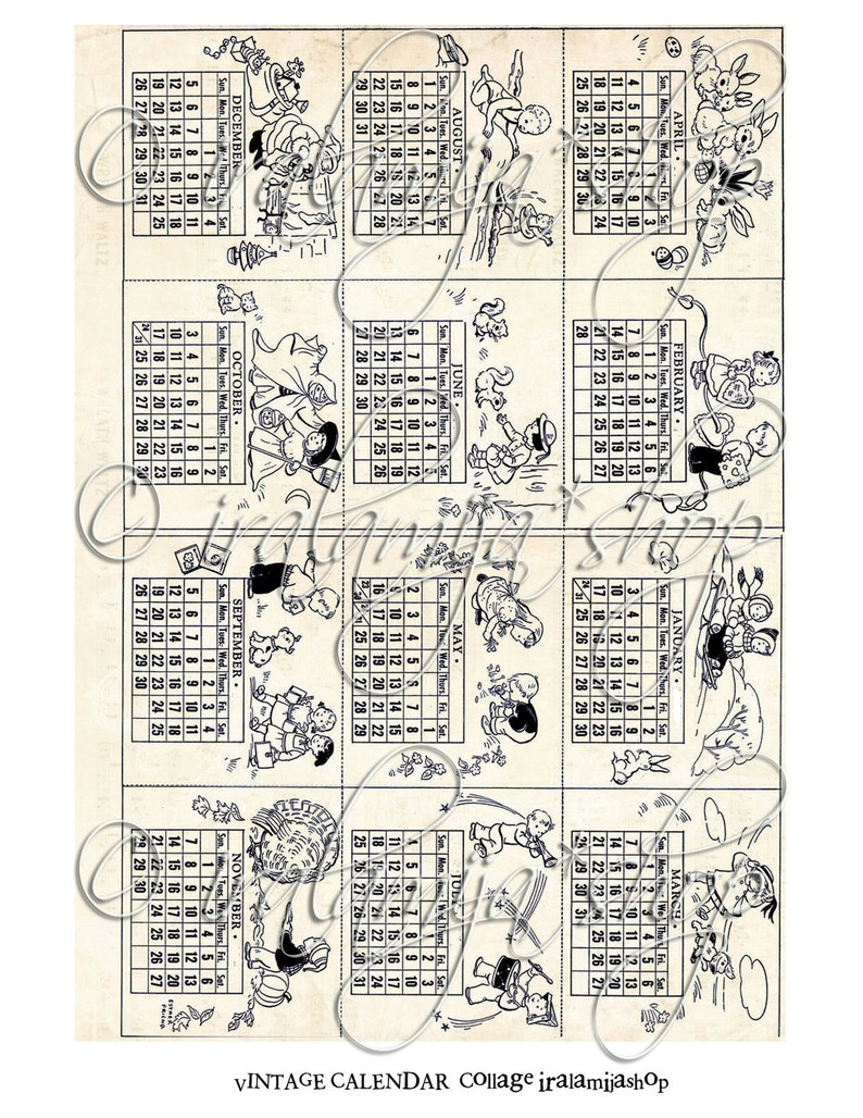 May include: A vintage calendar collage featuring black and white illustrations of children and animals. Each month is represented with a different scene, such as a child skating, a child with a turkey, and a child with a bunny.