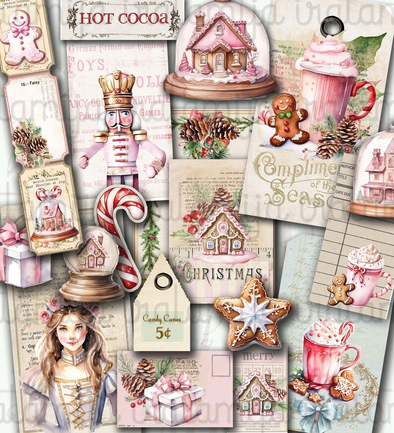 May include: A digital collage of vintage Christmas images, including a gingerbread house, a nutcracker, a candy cane, a hot cocoa mug, and a snow globe. The images are in a pink and white color scheme and have a whimsical, vintage feel.