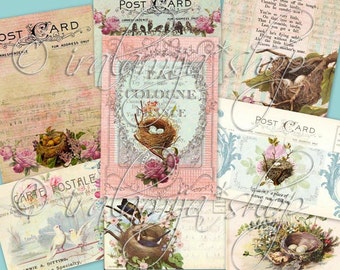 NESTS and POSTCARDS, Junk Journal, Flip Book, Cards, Tags, Ephemera, Roses, Birds, Vintage, Decoupage, Mixed Media, Printable, Iralamijashop