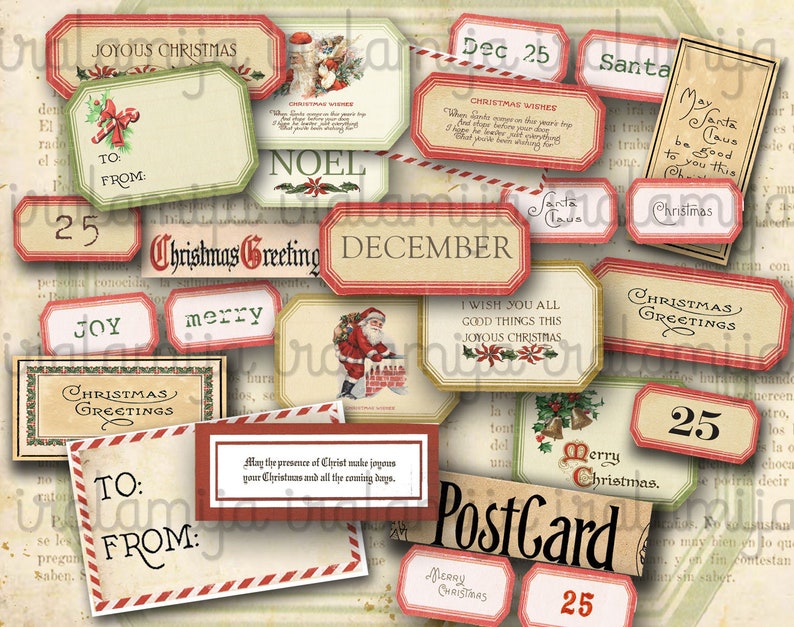 Christmas Labels / ANTIQUE CHRISTMAS Labels / Christmas printable download / Christmas Digital / Scrapbook / Christmas label / Christmas image 1
