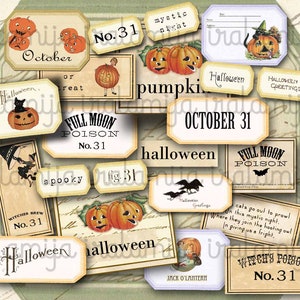 May include: A collection of vintage Halloween themed printable tags with various designs, including pumpkins, bats, owls, and witches. The tags feature text such as "Halloween", "October 31", "Full Moon Poison", and "Witches Brew".
