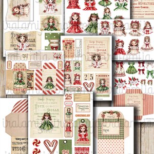 May include: A collage of vintage-style Christmas-themed ephemera featuring doll illustrations. Includes tags, labels, and decorative elements with red, green, and white color schemes. Text includes "Christmas Dolls", "Merry", and "Christmas Greetings".