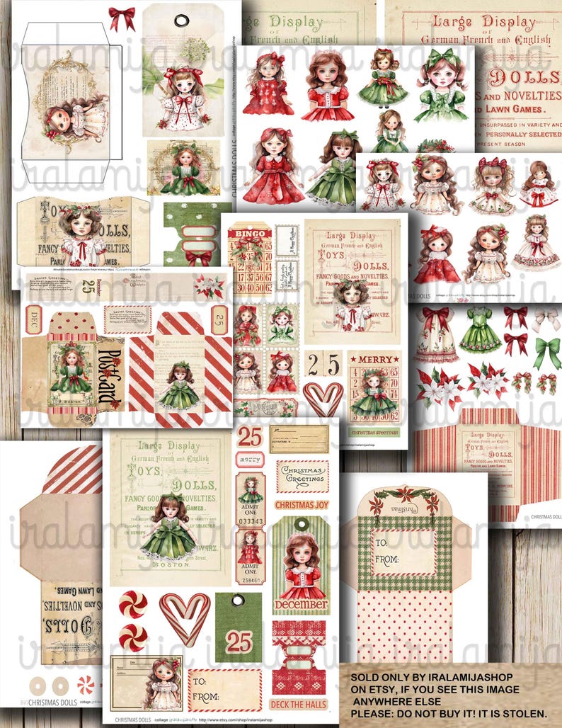 May include: A collage of vintage-style Christmas-themed ephemera featuring doll illustrations. Includes tags, labels, and decorative elements with red, green, and white color schemes. Text includes "Christmas Dolls", "Merry", and "Christmas Greetings".