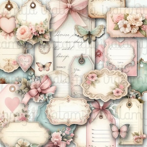 Kit de diario con mini etiquetas Shabby, etiquetas románticas florales Shabby, papeles para efímeras, etiquetas Shabby Vintage, descarga digital, imprimible, Iralamijashop