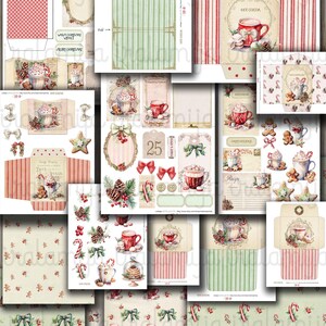 May include: A digital printable paper pack with a Christmas theme. The pack includes images of hot chocolate, candy canes, gingerbread, and other festive elements. The images are in a vintage style with red, green, and white colors.