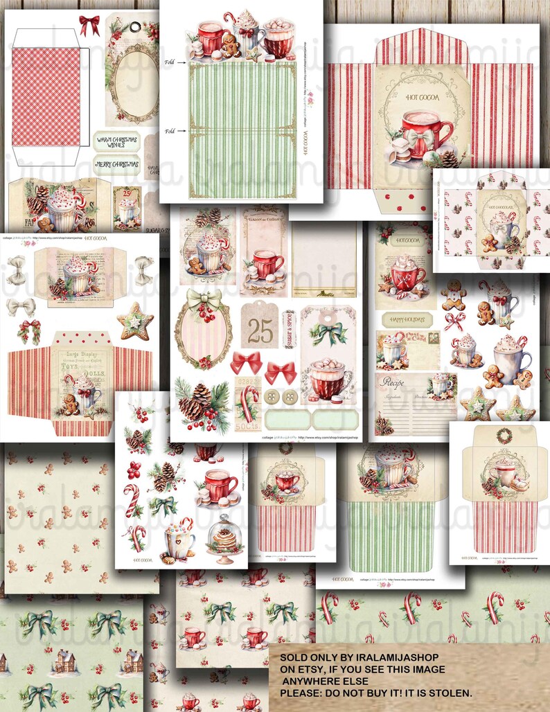 May include: A digital printable paper pack with a Christmas theme. The pack includes images of hot chocolate, candy canes, gingerbread, and other festive elements. The images are in a vintage style with red, green, and white colors.