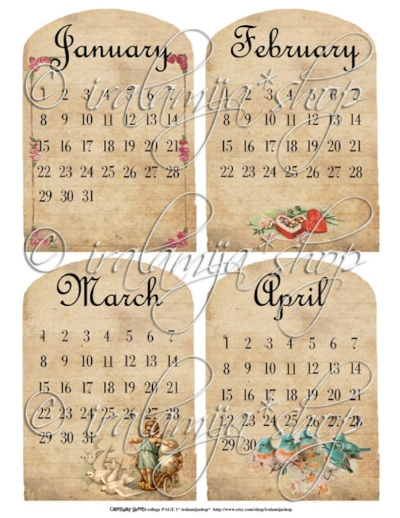 Printable Calendar / CALENDaR SHEETS / Printable Digital Images printable download / Vintage Style Calendar / Printable Old Calendar image 2