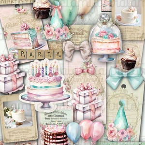 GEBURTSTAGS-WÜNSCHE, Junk Journal, Digitaler Download, Aufkleber, Grüße, Party, Cut-Outs, Kuchen, Vintage, Tags, Luftballons, Karten, Iralamijashop,