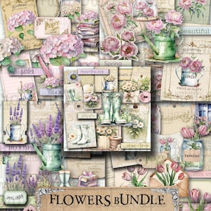 BLUMEN BUNDLE Junk Journal Digital Paper Kit Pfingstrosen, Lavendel, Hortensie, Gänseblümchen, Tulpen Blumen Digital Paper Flower Bundle Iralamijashop