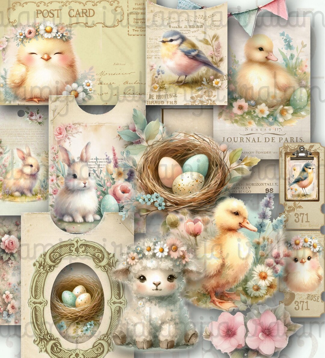 HAPPY EASTER Junk Journal Ephemera Digital Fussy Cut Easter Bunny ...
