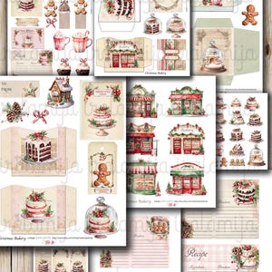 May include: A digital collage sheet with a Christmas bakery theme. The sheet includes images of gingerbread houses, cakes, cupcakes, and a bakery storefront. There are also recipe cards, gift tags, and other decorative elements. The images are in a vintage style with a watercolor effect.