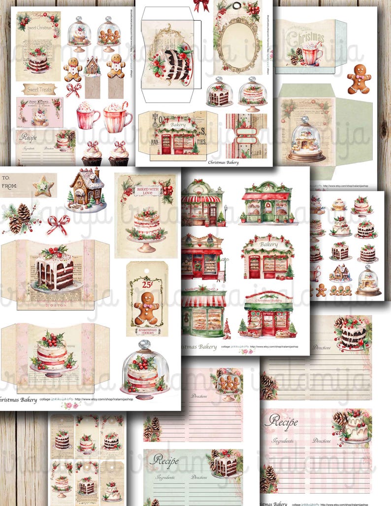 May include: A digital collage sheet with a Christmas bakery theme. The sheet includes images of gingerbread houses, cakes, cupcakes, and a bakery storefront. There are also recipe cards, gift tags, and other decorative elements. The images are in a vintage style with a watercolor effect.