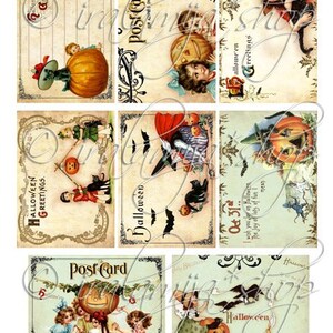 May include: A set of nine vintage Halloween postcards featuring children dressed in costumes, pumpkins, bats, and cats. The postcards have a distressed, antique look and are perfect for scrapbooking or crafting.