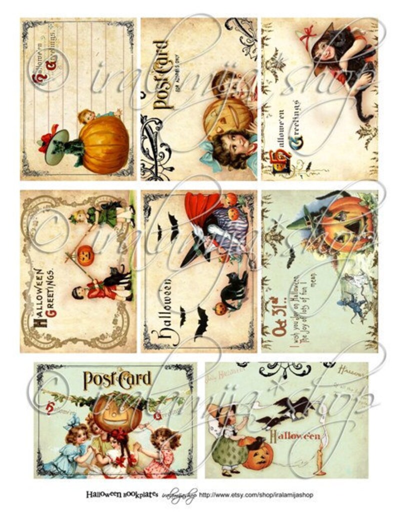 May include: A set of nine vintage Halloween postcards featuring children dressed in costumes, pumpkins, bats, and cats. The postcards have a distressed, antique look and are perfect for scrapbooking or crafting.